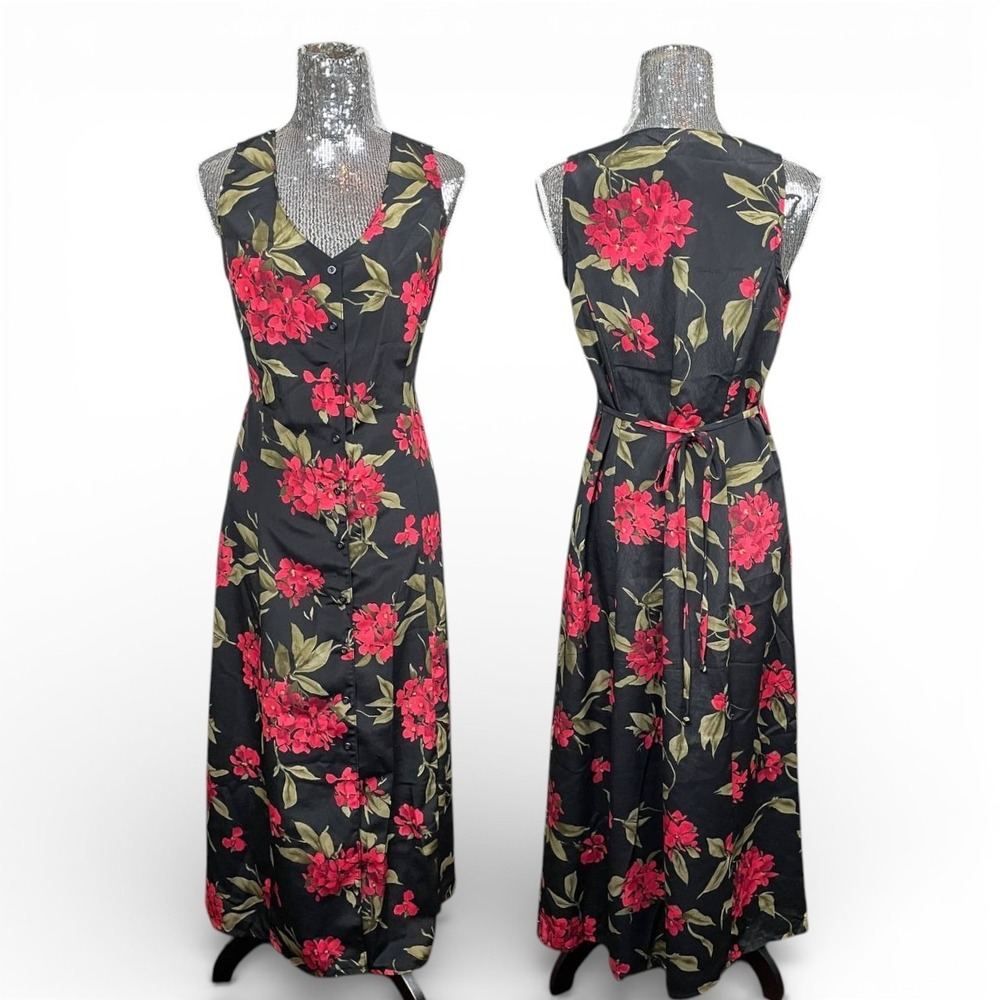Vintage 90s Grunge Dark Floral Button Front Tie Back Maxi Dress Small Party
